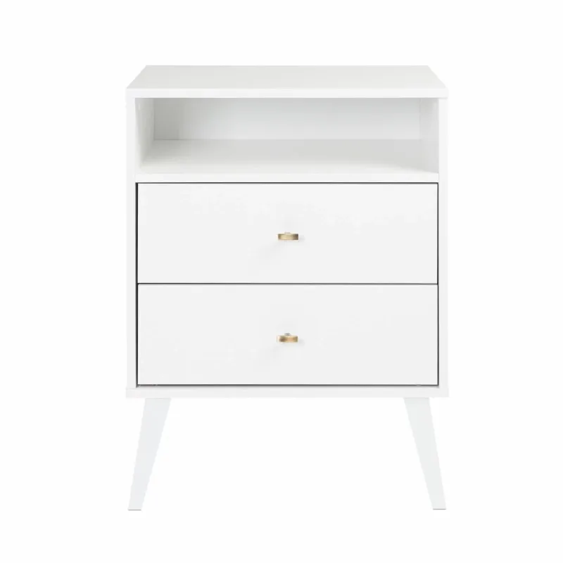 

Prepac Milo Mid-Century Modern 2 Drawer Nightstand With Open Shelf, White