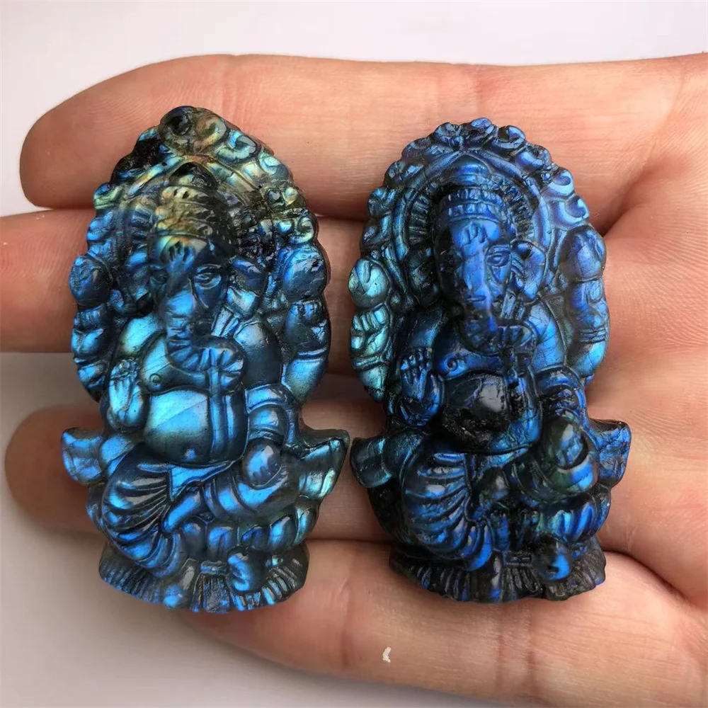 

Labradorite Natural Crystal Hand-carved Lord Ganesha Statue Buddha Elephant Hindu God Sculpture Wicca Figurines for Room Decor