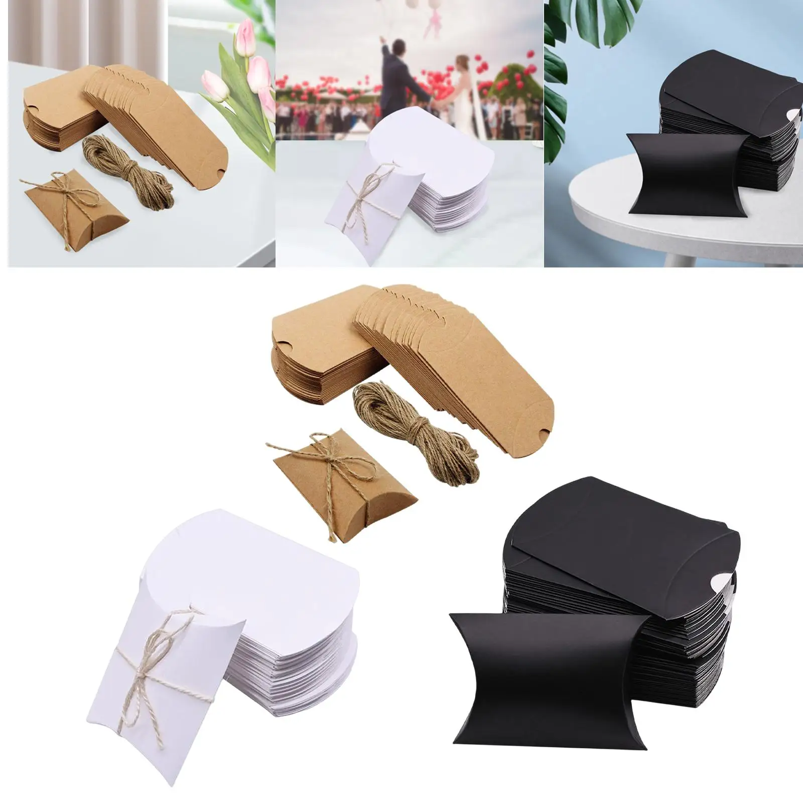 100 Pieces Kraft Pillow Box Candy Boxes Gift Bag with Twines Present Pouch