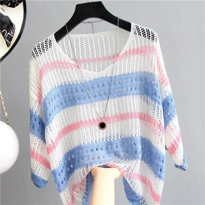 New High-quality Women Korean Ice Silk Knitted Sweater Loose Blouse Stripe V-Neck Hollow Out Half Sleeve Shirt Thin Clothing