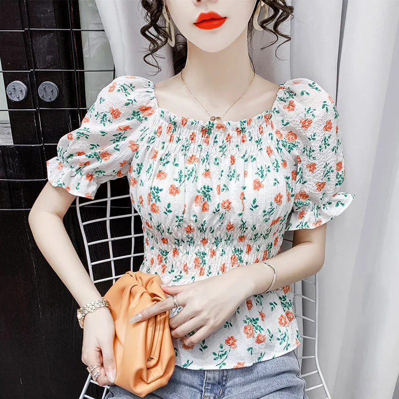 

Модная Корейская женская блузка с квадратным вырезом и принтом на талии, летняя универсальная Милая приталенная рубашка с коротким рукавом...