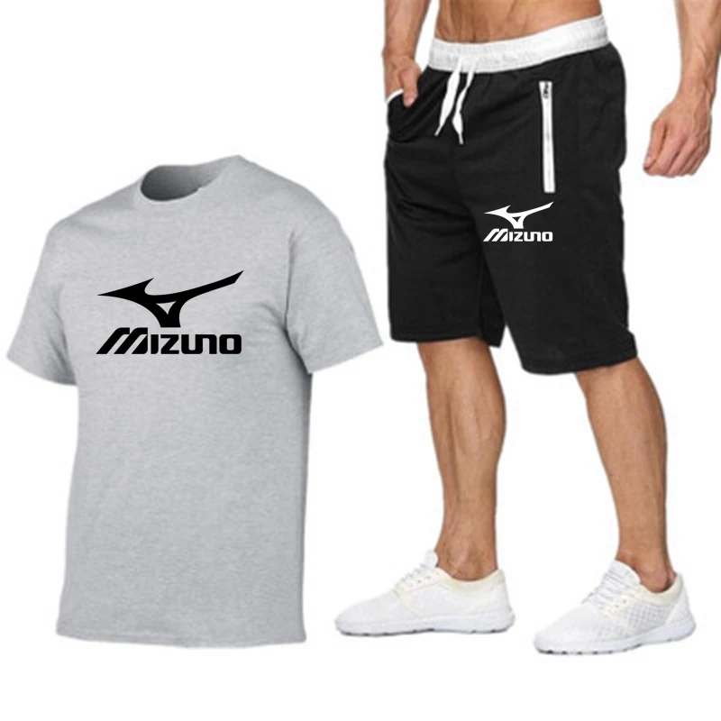 MIZUNO Men T-shirt Set Summer Latest Sportswear Suit Polyester Printed T-shirt + shorts Quick dry Run Men's Suit 2-piece Set