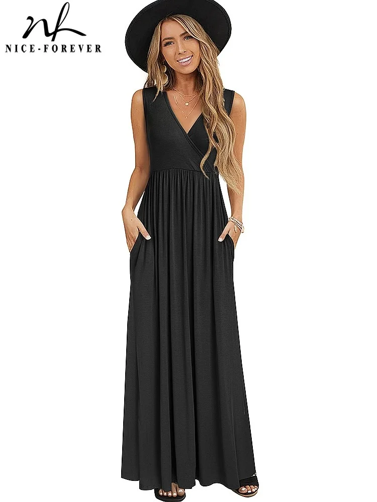 

Nice-forever Summer Women Black Color Casual Dresses V-neck Maxi Long Flare Sun Dress btyA162