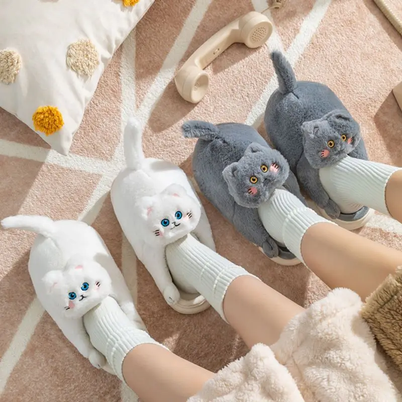 

Cuddly Hug Cat Slippers Women Men Winter Home Slides Kawaii Floor Shoes Furry Slippers Girl White Mules Funny Cute Gift Slippers