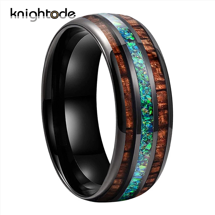 

Green Opal Koa Wood Inlay 2 Colors 8mm Tungsten Carbide Wedding Band Engagement Rings Domed Polished Shiny Comfort Fit