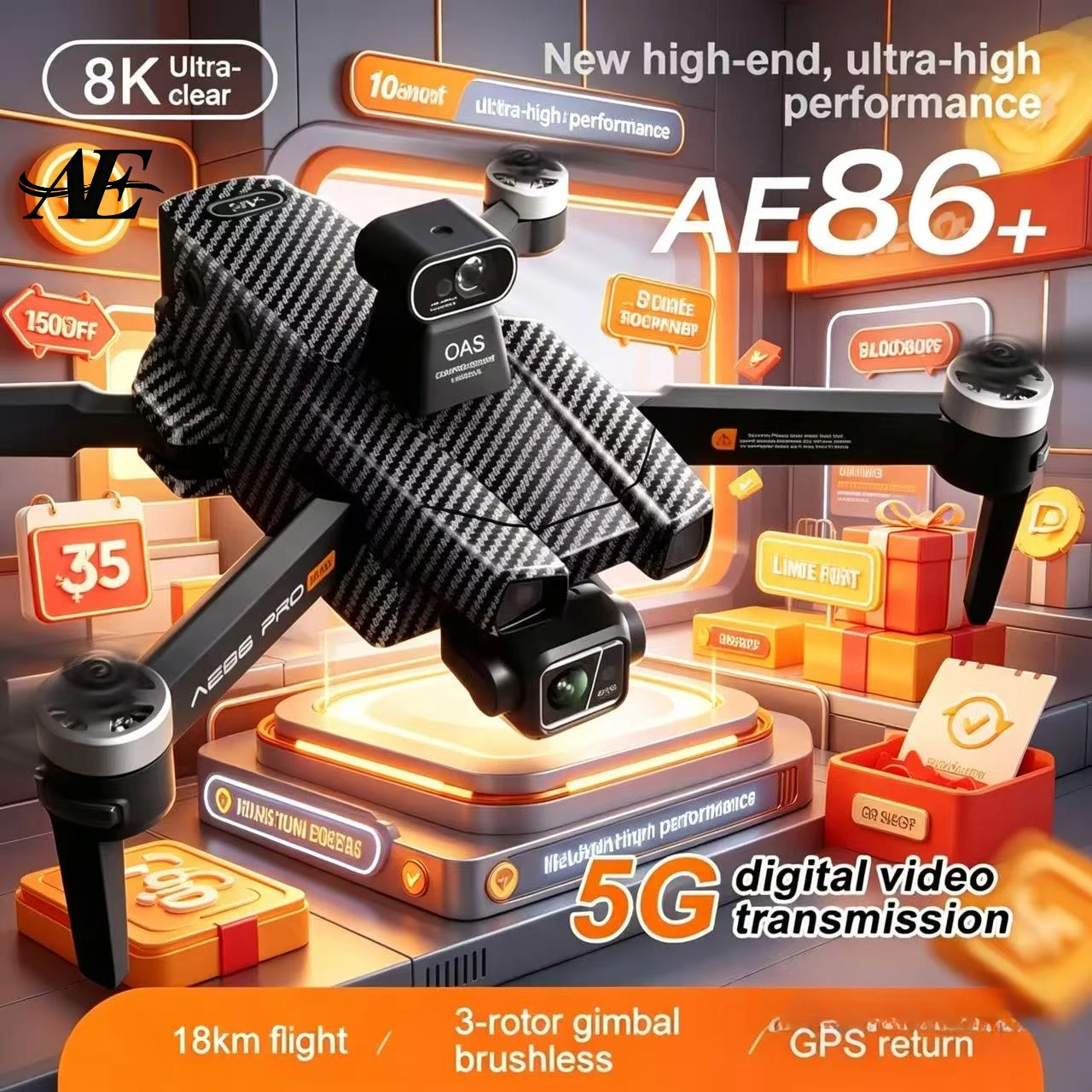 Фото AE86PROMAX с камерой 8K, двойной камерой, профессиональным бесщеточным двигателем, GPS, передачей данных 5G, 360-градусной съемкой °   Квадрокоптер с функцией обхода препятствий, дальность 8 км №1