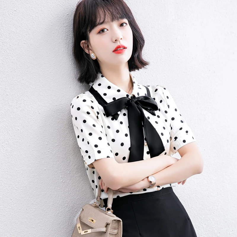 

Chiffon Women's Shirt New Korean Fashion Casual Bow Short Sleeve Top Polka Dot Print Summer Female Clothes