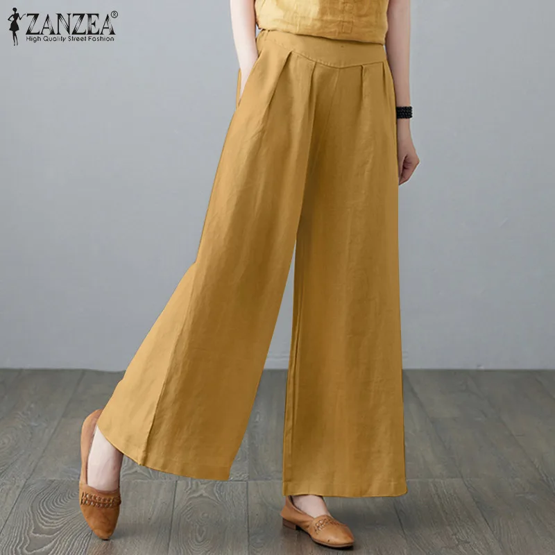 

ZANZEA Women Vintage High Waist Wide Leg Pants Spring Solid Loose Long Pantalon Oversized Harem Palazzo Turnip Cotton Trousers