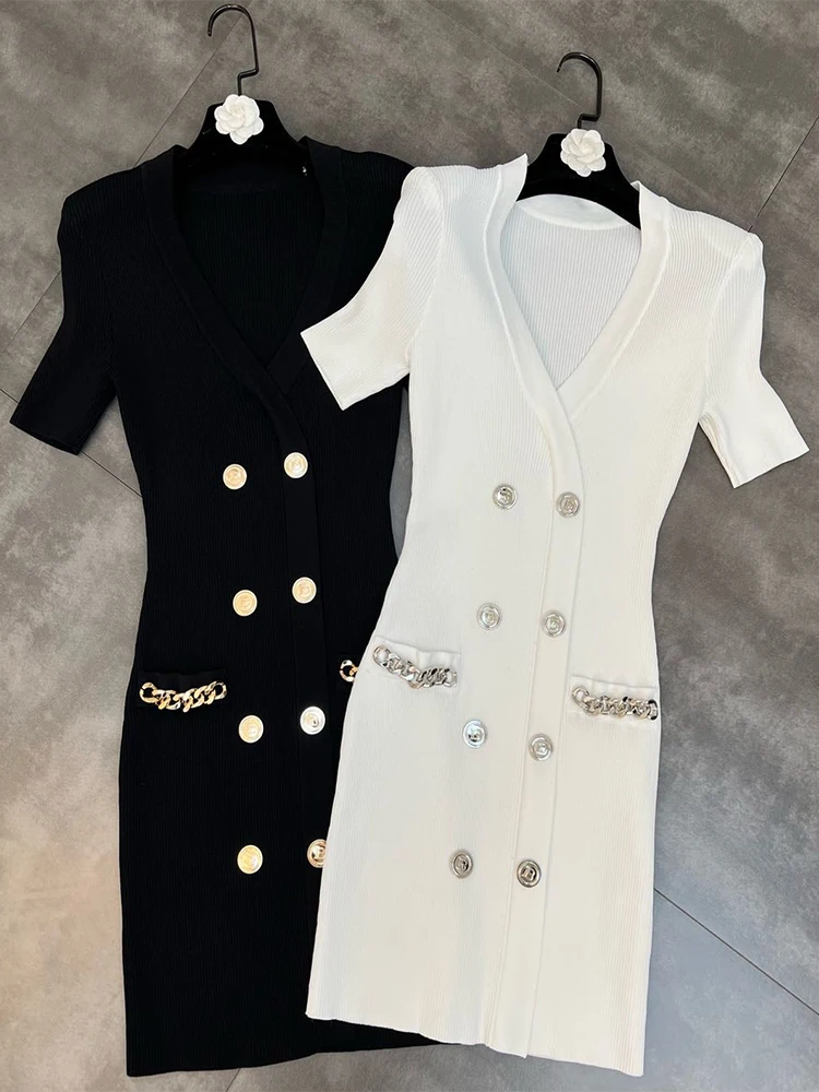 

HIGH STREET Latest 2022 Fashion Designer Women's V-neck Short Sleeve Double-Breasted Pocket Chain Decoration Slim Knit Dress
