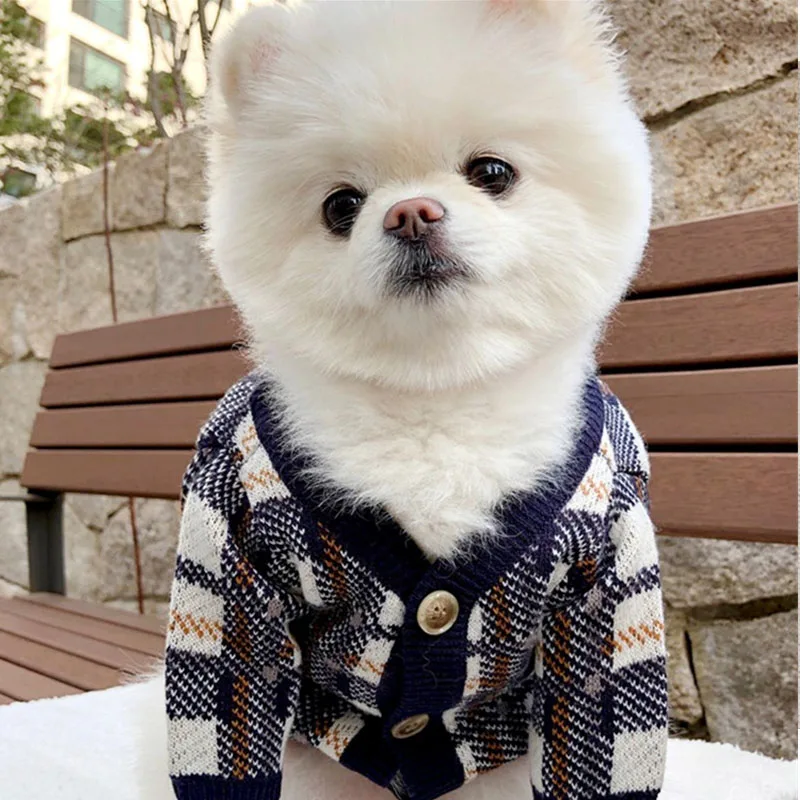 Pet Dog Sweaters Pink Navy Lattice Knitted Cardigan for Small Dogs Clothes Autumn Winter Coat Teddy Chihuahua Cats