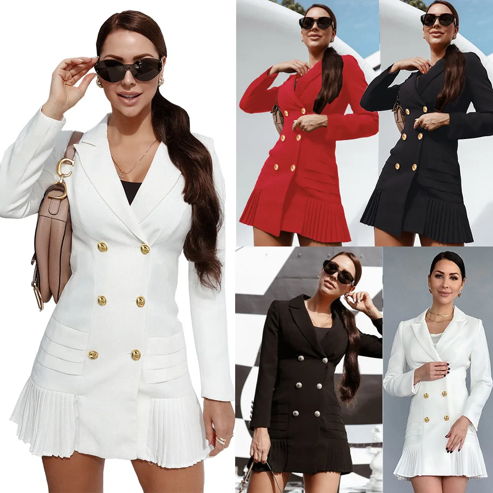 Women Elegant Blazer Dress White Winter Autumn Double Breasted Long Sleeve V-neck Button Front Military Style Dress Office Wear