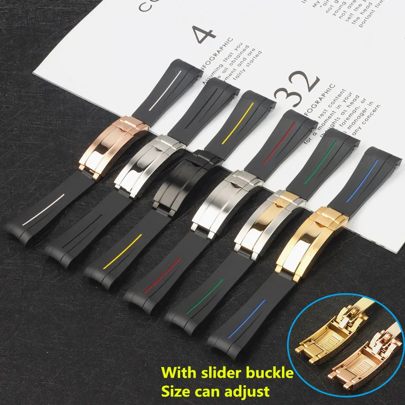 

20mm Black Curved End Silicone Rubber Watchband For Role strap Daytona Submarine GMT Bracelet Glidelock Clasp short version