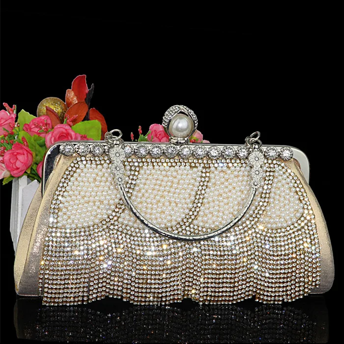 

Vintage Pearl Rhinestone Day Clutches Women Bling Geometric Pearl Crystal Tassel Evening Bag Small Chain Shoulder Bag