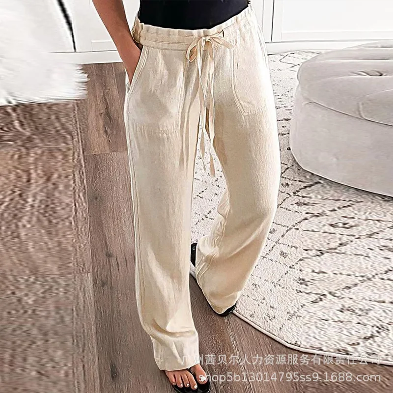 

Брюки женские хлопково-льняные однотонные, свободные штаны со средней талией, со шнуровкой, с карманами и поясом-колоколом, весна-лето 2023