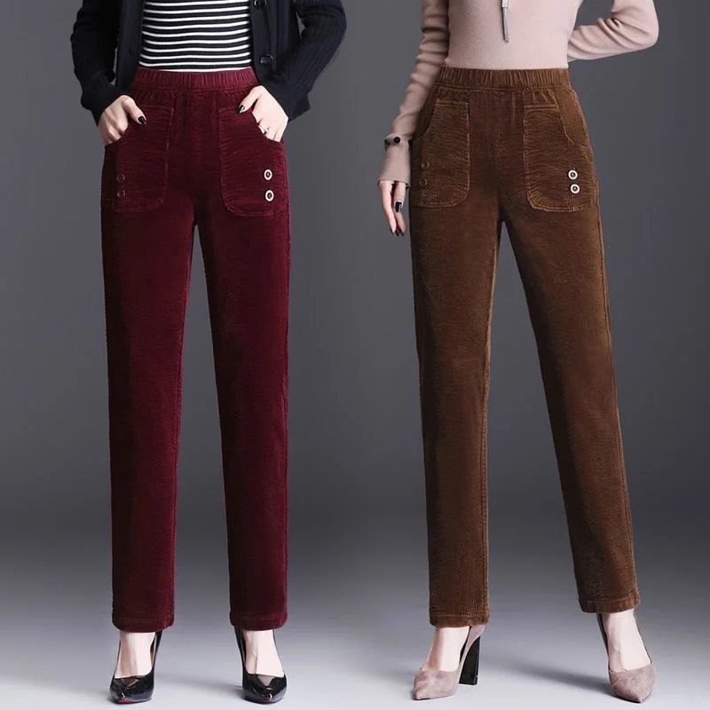 

Korean Vintage Corduroy Straight Pants Y2K Patchwork Pockets Solid High Waist Loose Autumn Winter Casual Trousers Woman Clothing