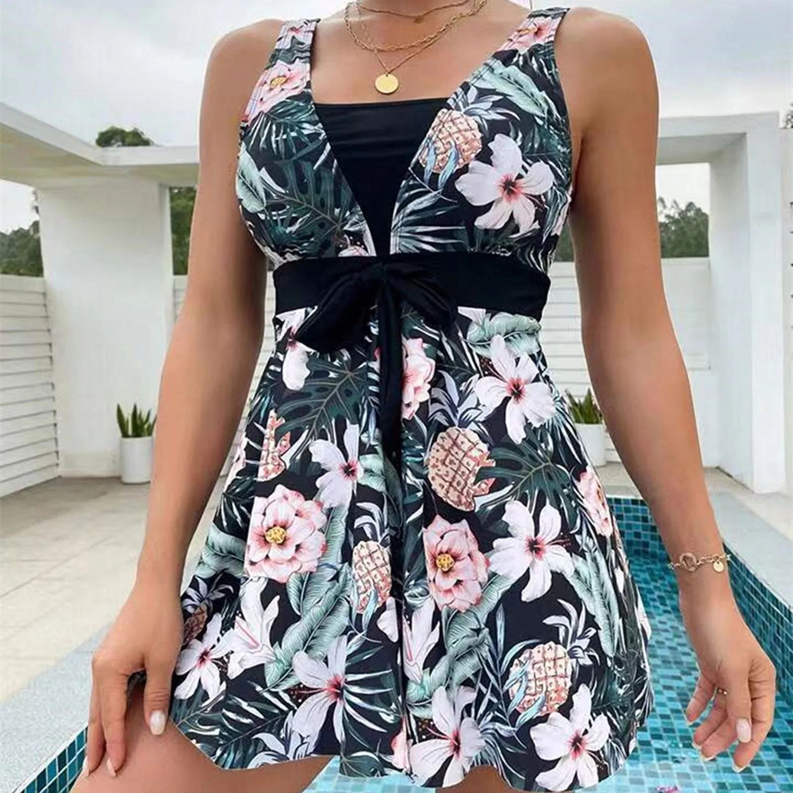 

Underwire Swim New European And American Foreign Trade Swimsuit V Neck Printed Sexy Women's Skirt Split Bikini Swimsuit