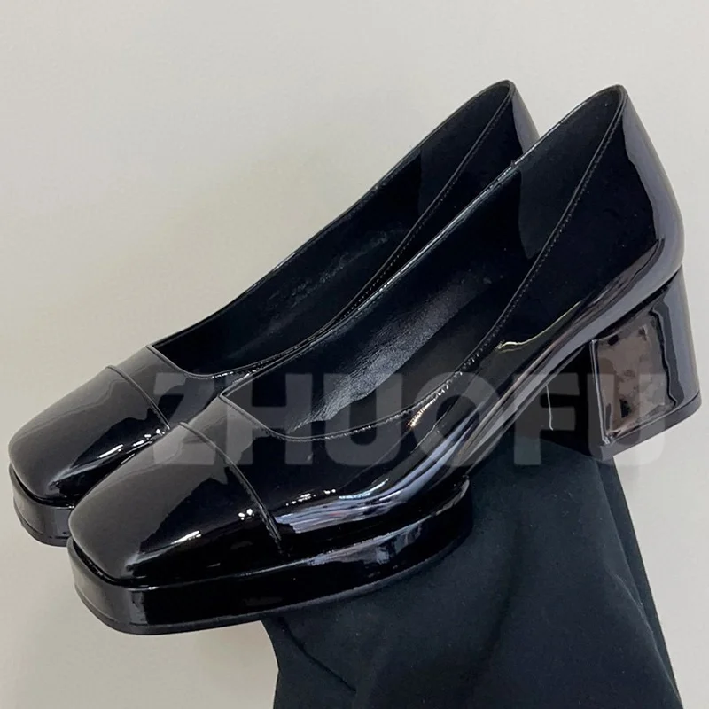 

Туфли-лодочки женские из лакированной кожи, высокий квадратный каблук, с открытым носком, универсальная простая обувь, весна-осень