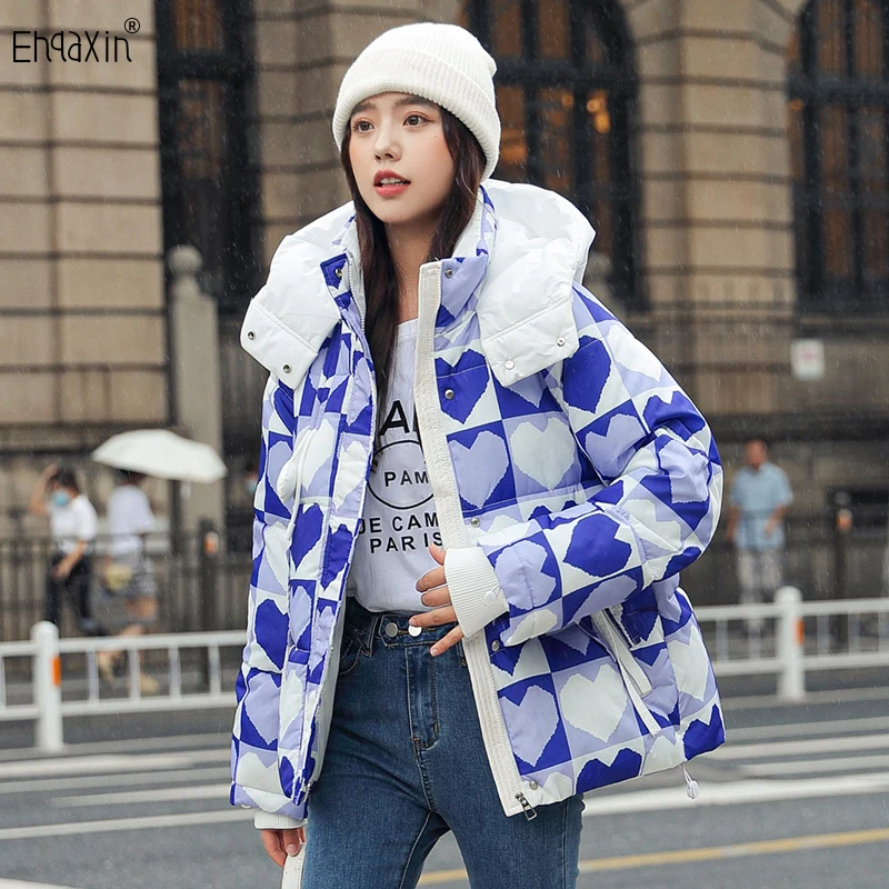 EHQAXIN Winter Women's New Love Down Cotton Jackets 2022 Casual Loose Korean Fashion Print Thickened Thermal Hooded Coats S-2XL