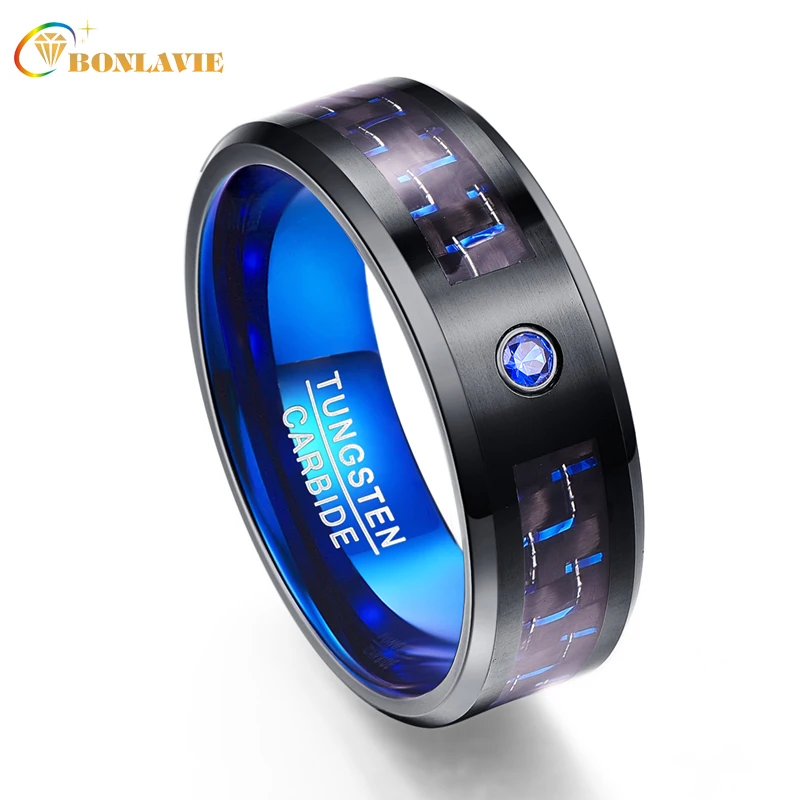 

BONLAVIE 8mm Tungsten Carbide Ring Carbon Fiber Blue Zircon Men Rings Wedding Bands Anillos Para Hombres Male Ring