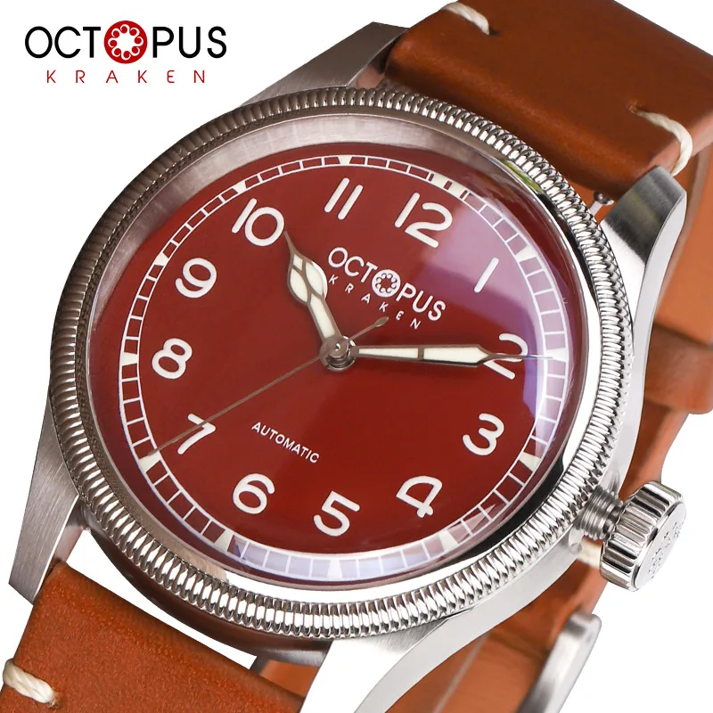 

Octopus Kraken New Pilot Watch NH35 Automatic Mechanical Sapphire Glass Big Crown 100M Waterproof Vintage Brown Wristwatch