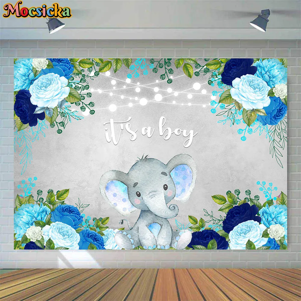 

Mocsicka Baby Shower Backdrop Blue Elephant It's a Boy Grey Wall Photo Background Party Decor Photocall Photostudio Props Banner