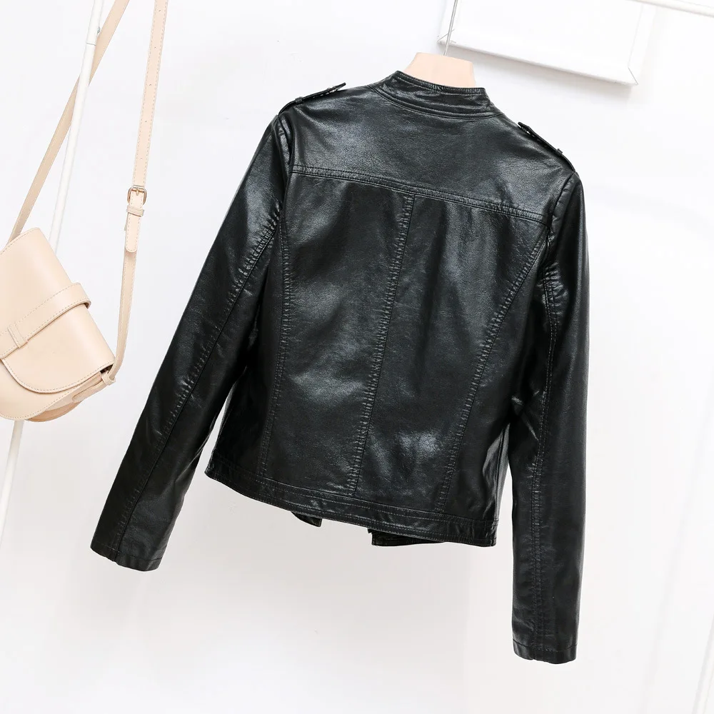 2023 spring new simple stand-up collar motorcycle leather jacket epaulettes zipper leather jacket