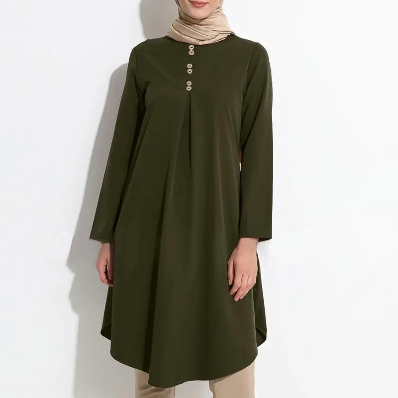 Saudi Arabia Middle East Long Sleeve Women Dresses with Botton Dubai Turkey Mubarak Solid Color Casual Loose Female Blouse