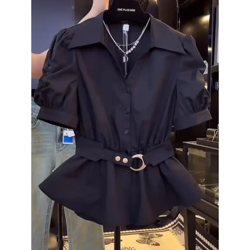 Женская рубашка с пышными рукавами и воротником-фонариком |