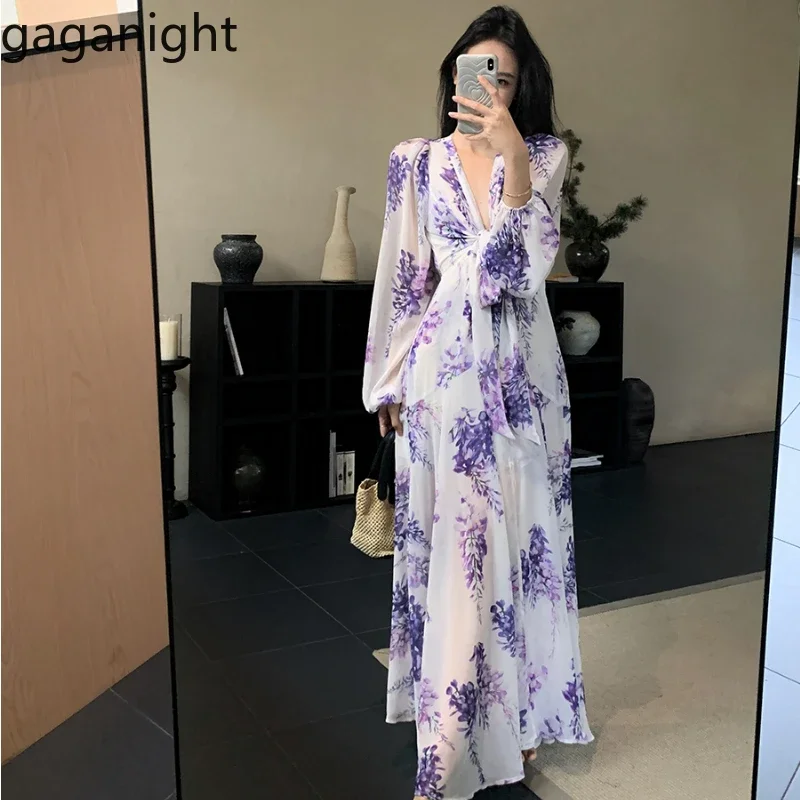 Gaganight женское фиолетовое высококлассное платье с V-образным вырезом принтом 2024