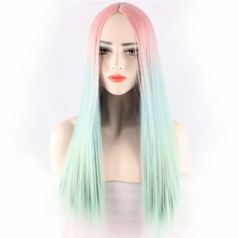 

Long Straight Synthetic Ombre Wig Pink Green Wig for Women Cosplay Natural Middle Part Hair Wig High Temperature