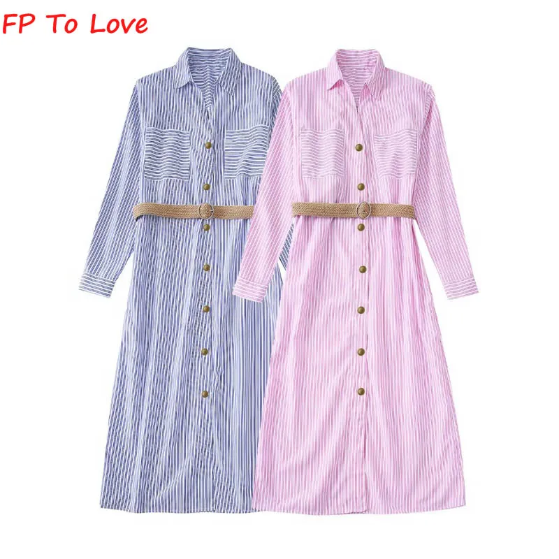 

FP To Love 2022, винтажное летнее розовое шикарное платье в полоску, синяя рубашка с длинным рукавом, платье миди с высокой талией и завязкой, вечер...