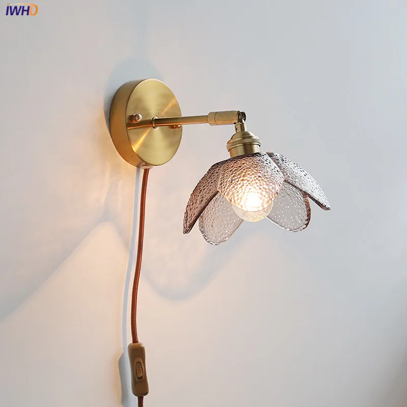 

IWHD US EU Plug In LED Wall Lamp Sconce Glass Lampshade Beside Bedroom Living Room Nordic Modern Stair Bathroom Mirror Light