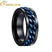 bonlavie mens 8mm tungsten carbide ring black tungsten steel ring with blue rotatable chain inlaid comfort fit size 6 12