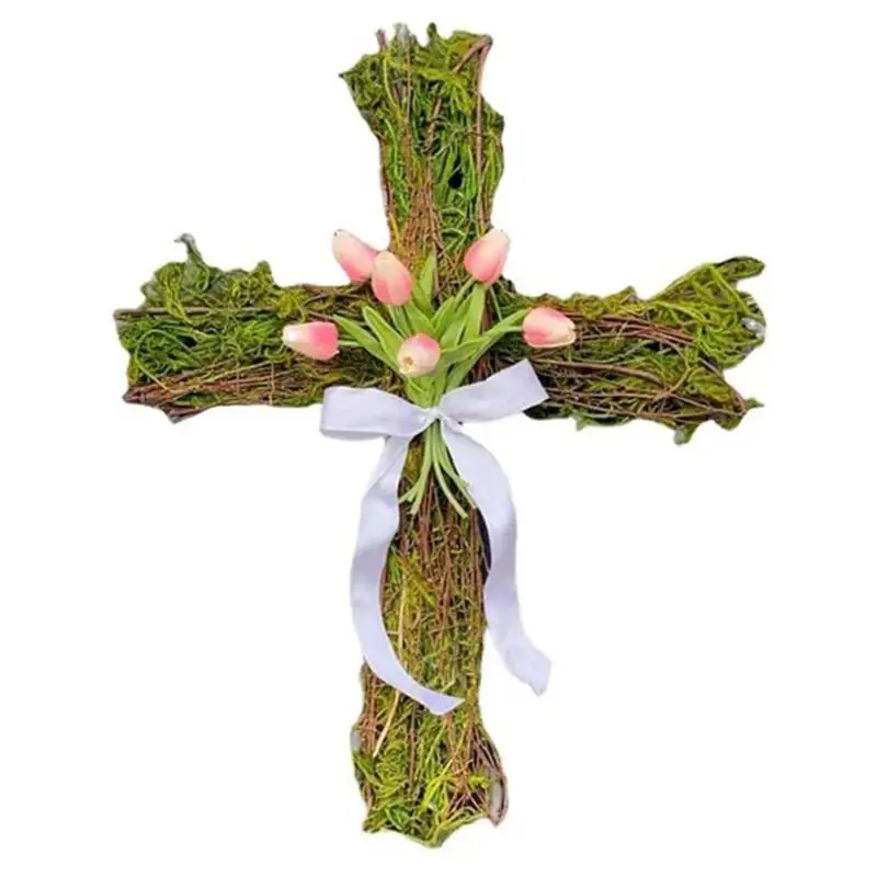 

Easter Wreath Door Cross Flower Wall Decorative Cross Art Wall Cross Decor Crucifix For Home Room Church Decoration Christian