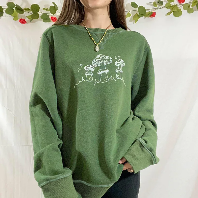 

Cute Mushroom Print Crewneck Oversized Sweatshirt Women Autumn Winter Long Sleeve Green Sweatshirts Casual Loose Pullover Tops