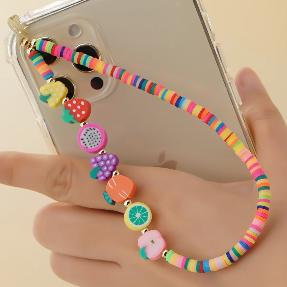 

Free Shipping Anti-Lost Bracelet Phone Charm Fruits Pattern Mobile Phone Chains Clay Jewelry Accessories for Women Phone Case