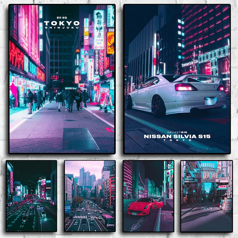 Неоновый ночной постер в стиле киберпанк Токио город путешествие эстетическая