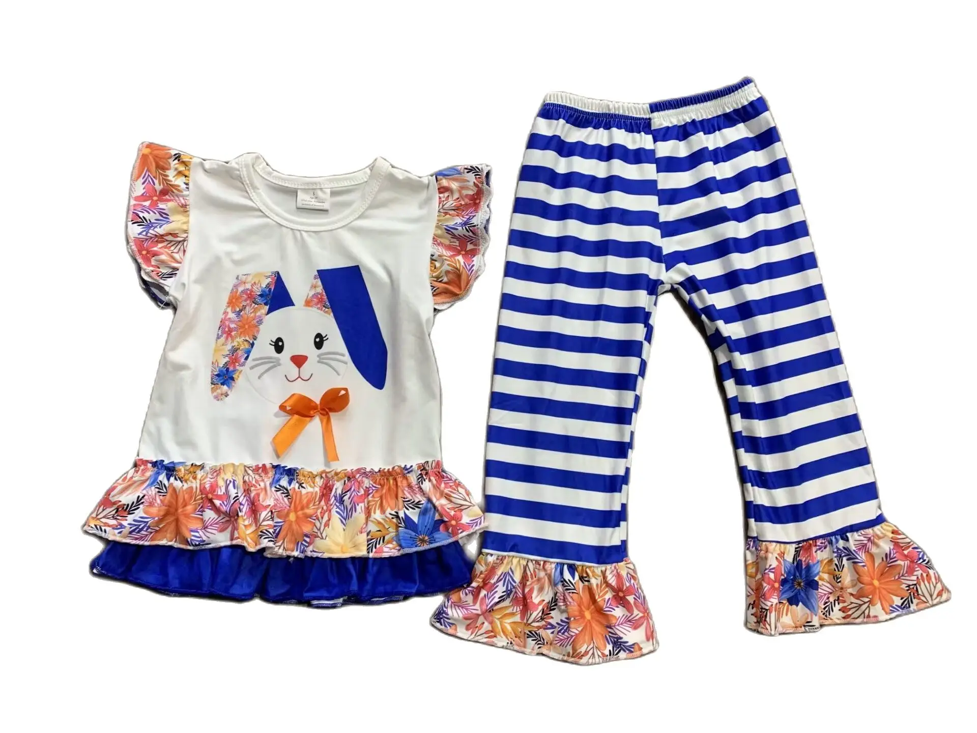 

Summer Baby Girls Kids Clothes Boutique Bunny Short Sleeve Top Flare Pants Set Outfits cute clothing for girls