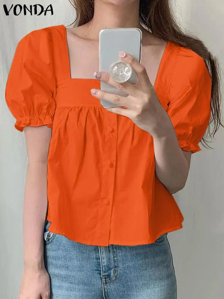 

Women Fashion Summer Tops VONDA Short Sleeve Sexy Square Collar Solid Color Shirts Casual Blouse 2023 Loose Ruffled Blusas Femme