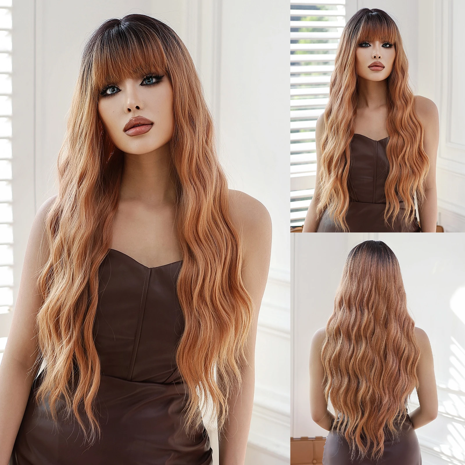 ESIN Длинные свободные волнистые синтетические парики оранжевые коричневые