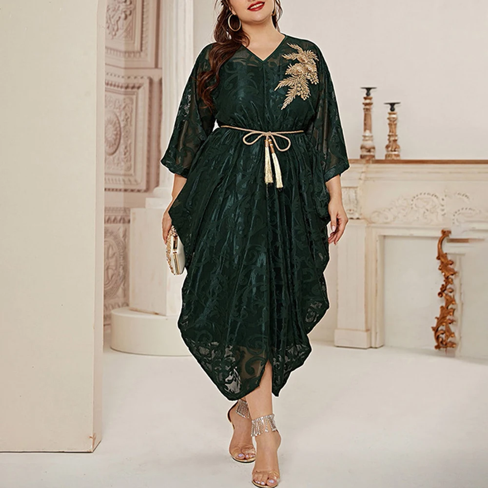 

Women's Plus Size Dress Green Belt Elegant Muslim Evening Party Wedding Dress Long Sleeve Autumn Spring Summer Dress XL - 5XL