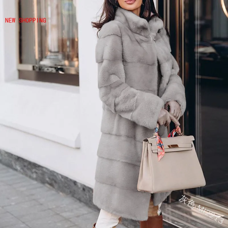 Faux Fur Coats Soft Warm Solid Color Women Parkas Fashion Long-Sleeved Stand Collar Fur Stitching Long Ladies Coat Winter Jacket