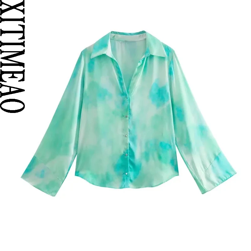 

Xitimeao Women Fashion Flowing Tie-dye Print Fitted Shirts Vintage Long Sleeve Front Buttons Female Blouses Blusas Chic Tops