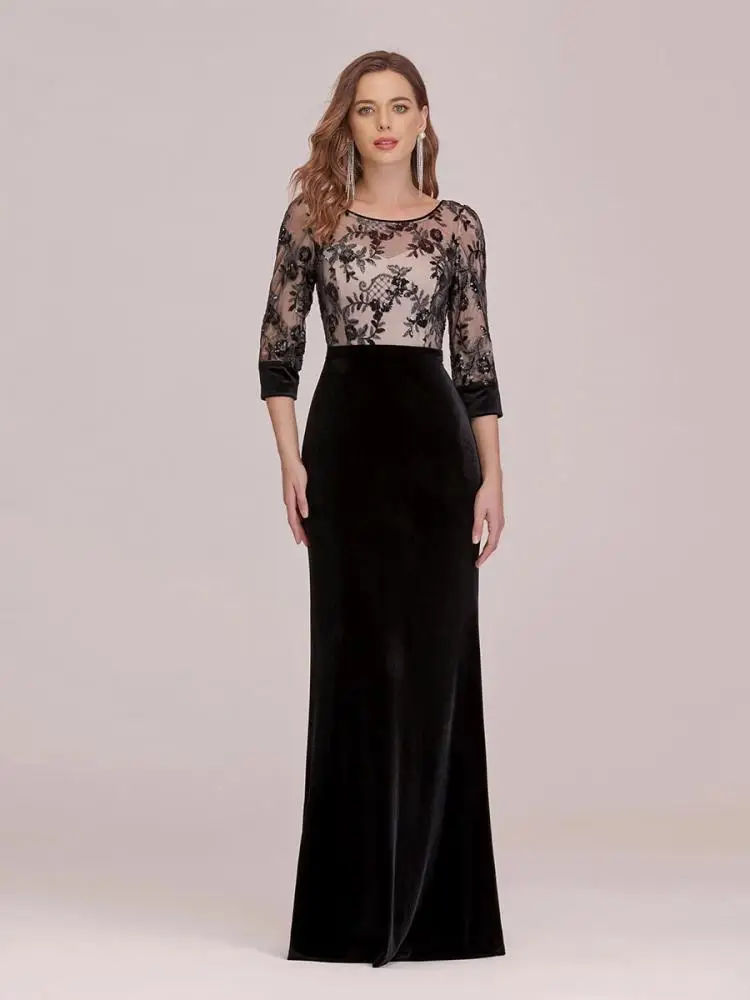 

Elegant Graduation Dress High Waist Velvet O-Neck Appliques With Lace Bodice Ever Pretty 2022 Sexy Prom Dresses Vestidos De Gala
