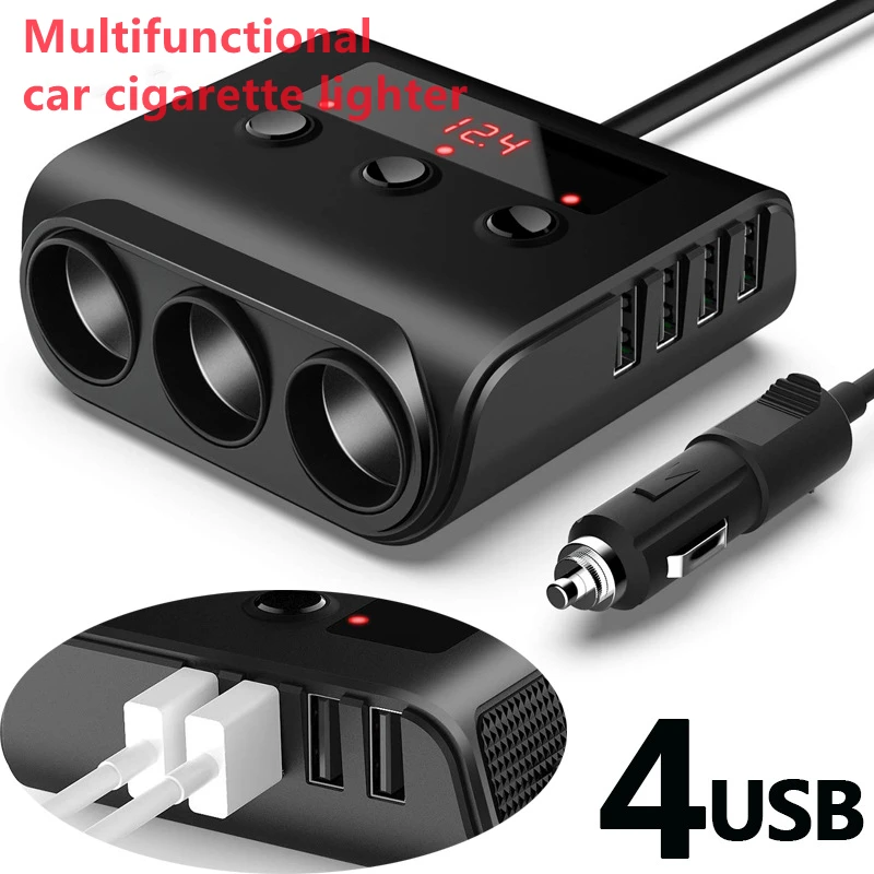 

4 USB Car Charger 3 Way Cigarette Lighter Sockets 12V/24V 100W Universal Smart Power Adapter With Voltmeter For Phone Tablet DVR