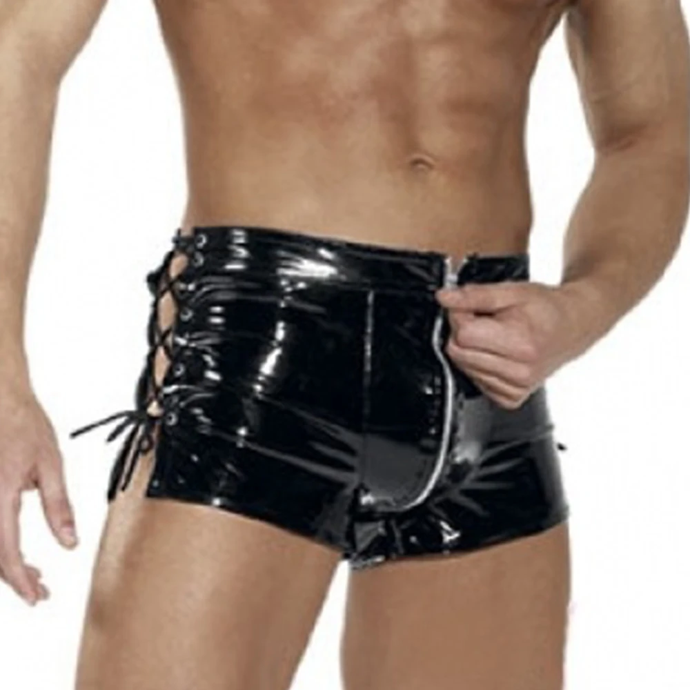 Men Wetlook PU Leather Zip Lace-Up Trunk Underwear Shorts Boxer Briefs Panties Zipper Open Crotch Boxershorts Man