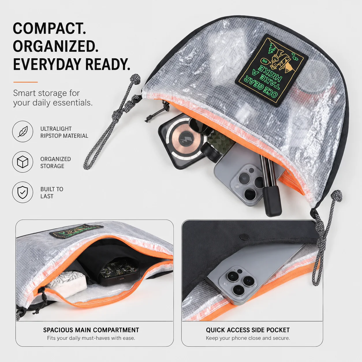 Фото Сумка-слинг ECOpak Tech Mesh, ультралегкая, 120 г, в форме полумесяца, водонепроницаемая, 70 фунтов на кв. дюйм, для походов и кемпинга, на плечо, для мужчин и женщин №5