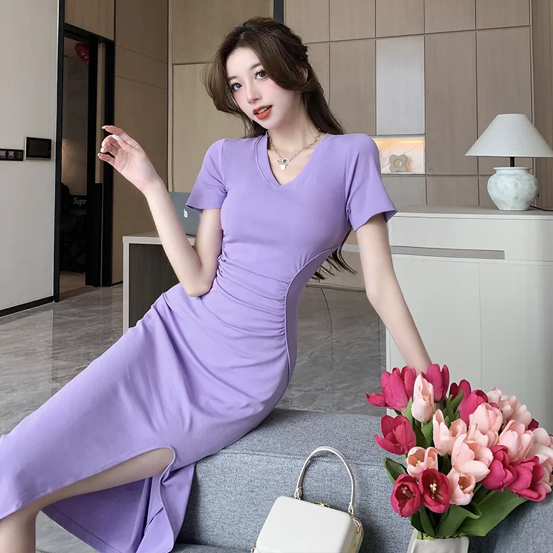 

Temperament V-neck short-sleeved dress Women's summer design sense pleated waist T-shirt skirt slimming slit wrap hip skirt