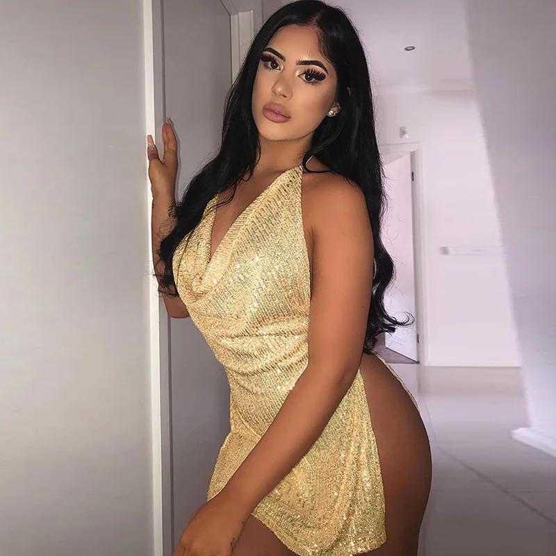 

Shiny Sequined Bodycon Midi Mini Dress Halter Neck Backless Sleeveless Vestidos 2023 Autumn Sexy Party Club Evening Dresses