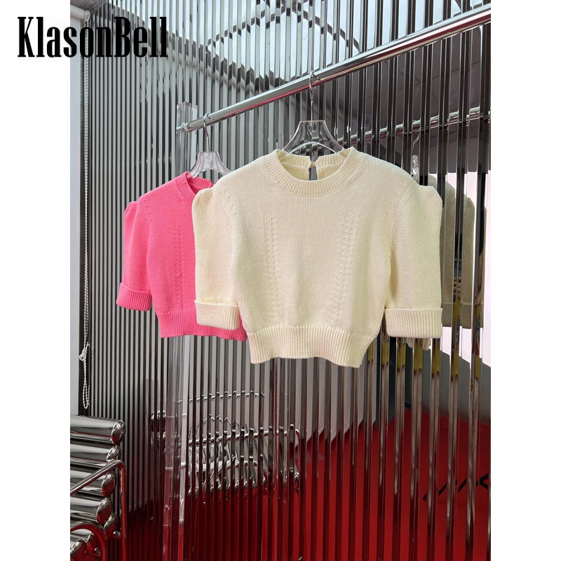 

6.15 KlasonBell Puff Sleeve Solid Color Knitted Short T-Shirt Women